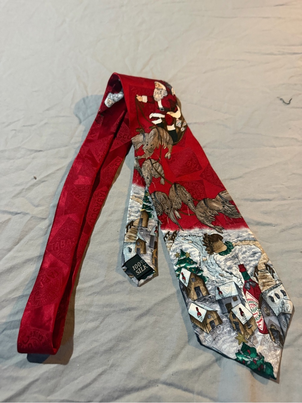 Tabasco Red Holiday Silk Tie with Santa and Village Motif